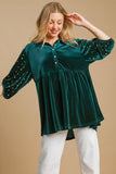 Umgee Pearl Detail Half Sleeve Velvet Babydoll Blouse - Trendsi