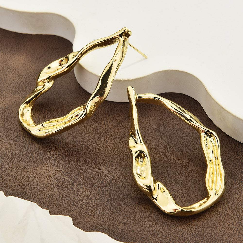 Organic Irregular Water Drop Hoop Earrings, Hammered Liquid Texture Gold Open Hoops, Minimal Quiet Luxury Women Jewelry For Europe Spain - My Store - Flyclothing LLC