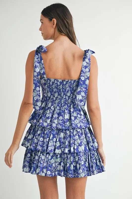 MABLE Floral Print Shoulder Tie Layered Mini Dress - Trendsi - Flyclothing LLC