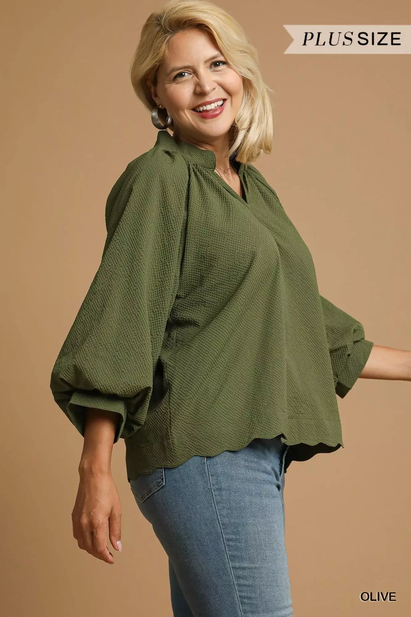 Umgee Full Size Textured Notched Balloon Sleeve Blouse Plus Size - Trendsi - Flyclothing LLC
