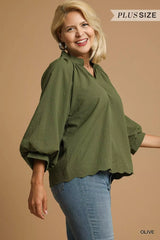 Umgee Full Size Textured Notched Balloon Sleeve Blouse Plus Size - Trendsi - Flyclothing LLC