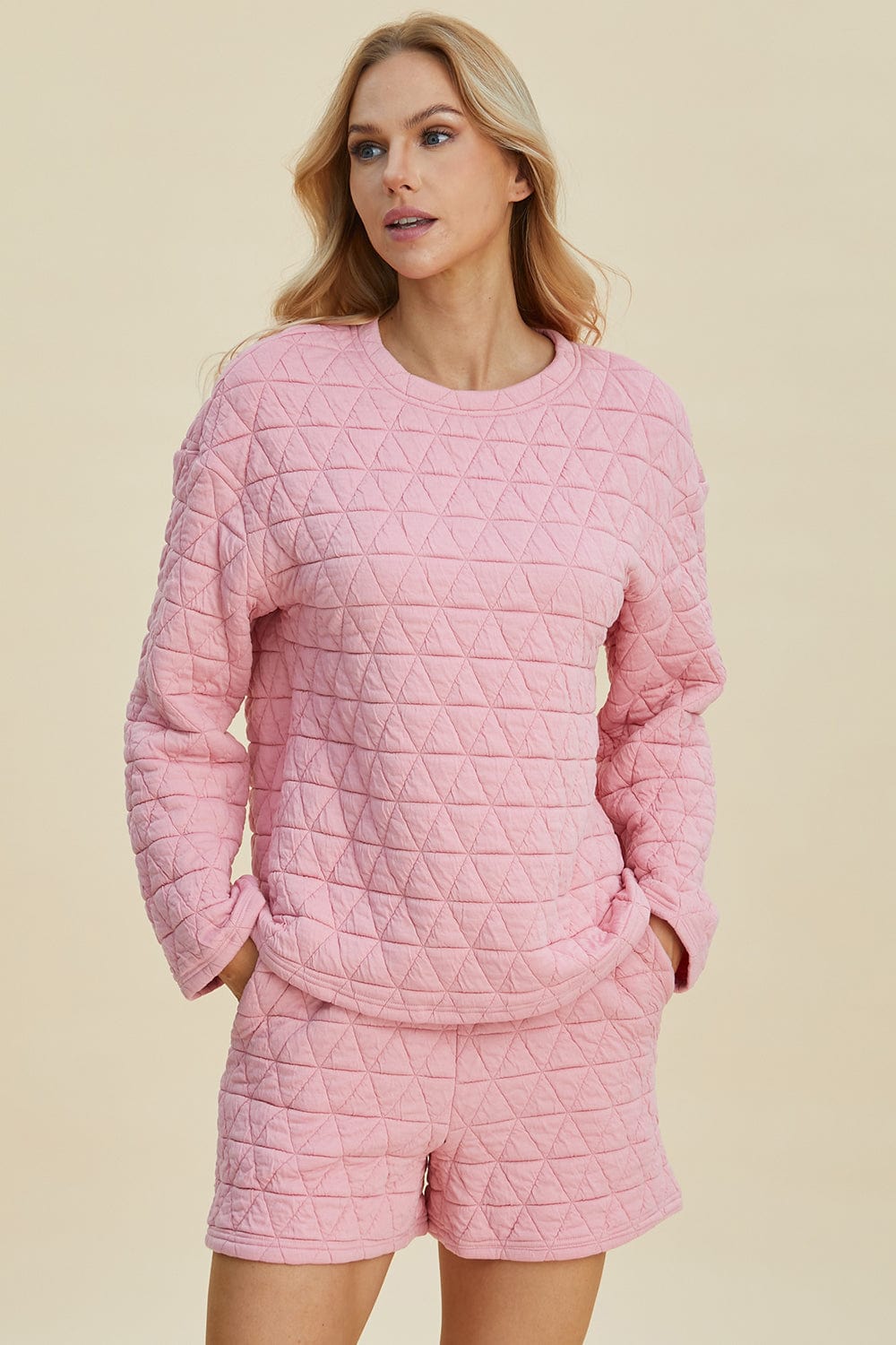 Double Take Full Size Texture Round Neck Long Sleeve Top and Shorts Set - Trendsi