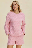 Double Take Full Size Texture Round Neck Long Sleeve Top and Shorts Set - Trendsi