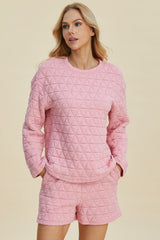 Double Take Full Size Texture Round Neck Long Sleeve Top and Shorts Set - Trendsi