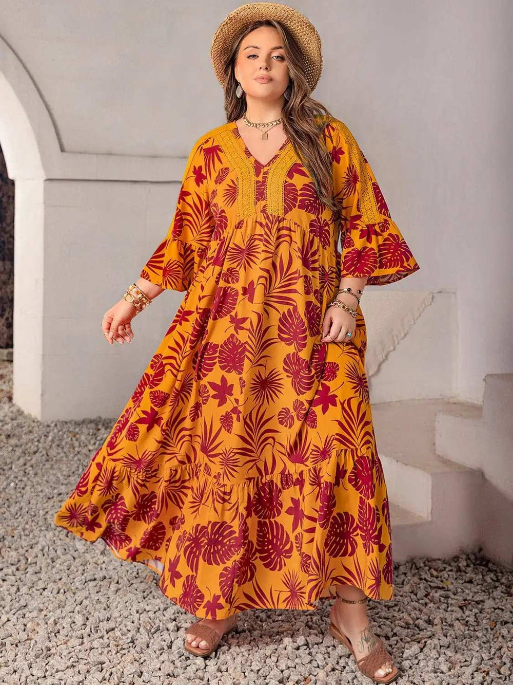 Plus Size Lace Detail Printed V-Neck Maxi Dress - Trendsi - Flyclothing LLC