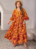 Plus Size Lace Detail Printed V-Neck Maxi Dress - Trendsi - Flyclothing LLC