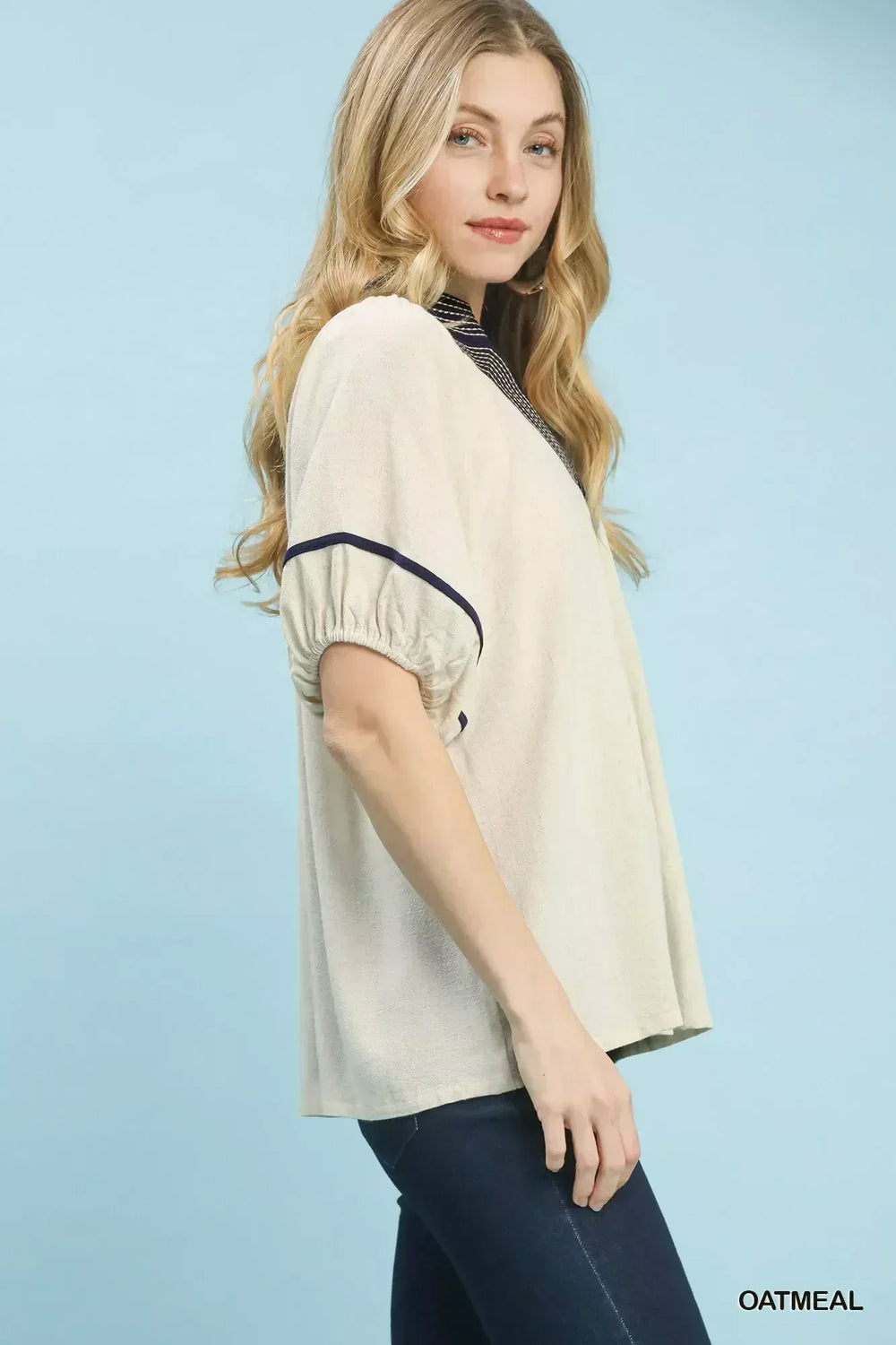 Umgee Linen Puff Sleeve Contrast Trim Top - Trendsi - Flyclothing LLC