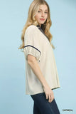 Umgee Linen Puff Sleeve Contrast Trim Top - Trendsi - Flyclothing LLC
