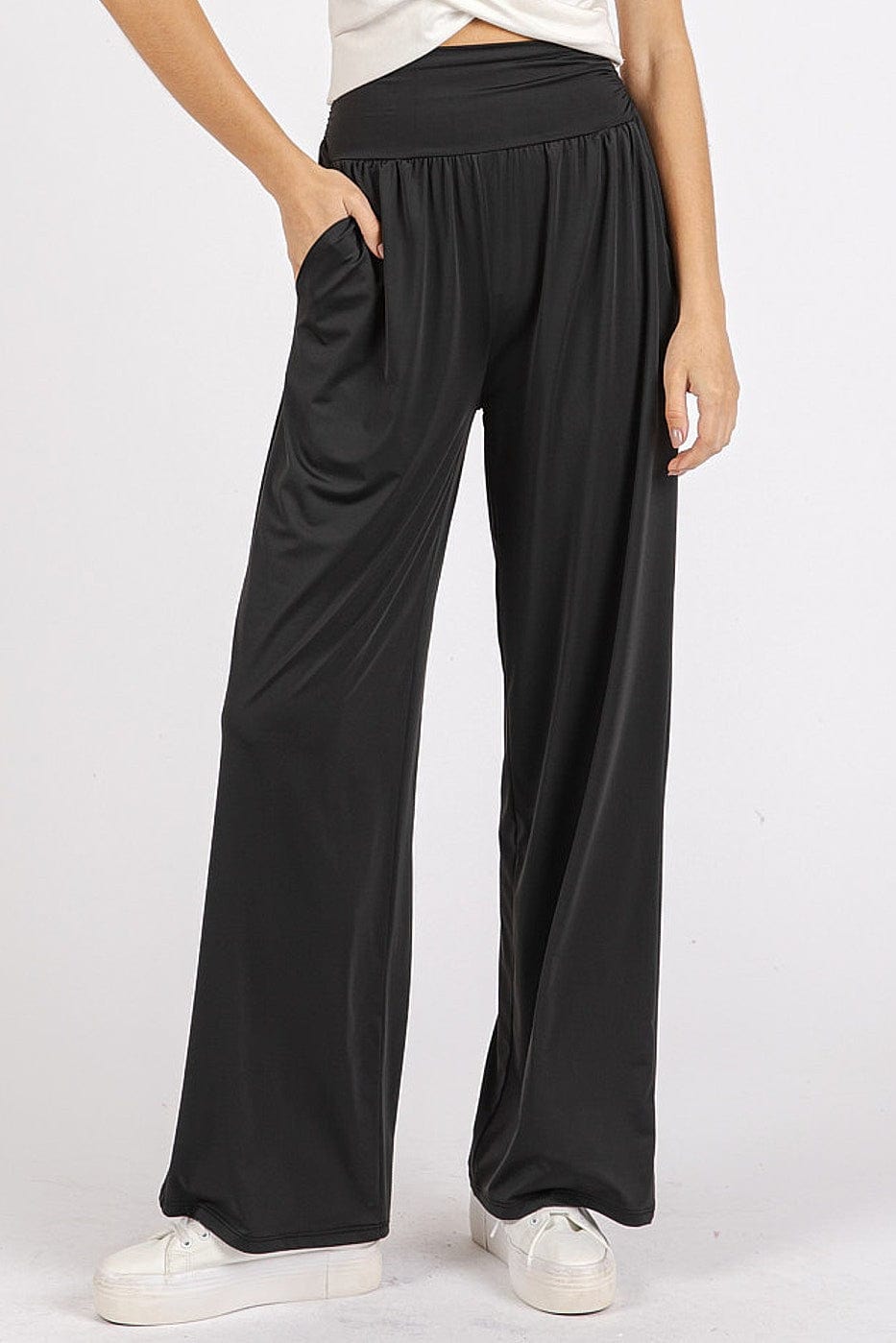 Mittoshop Stretch Banded Waist Wide Leg Pants with Pockets - Trendsi