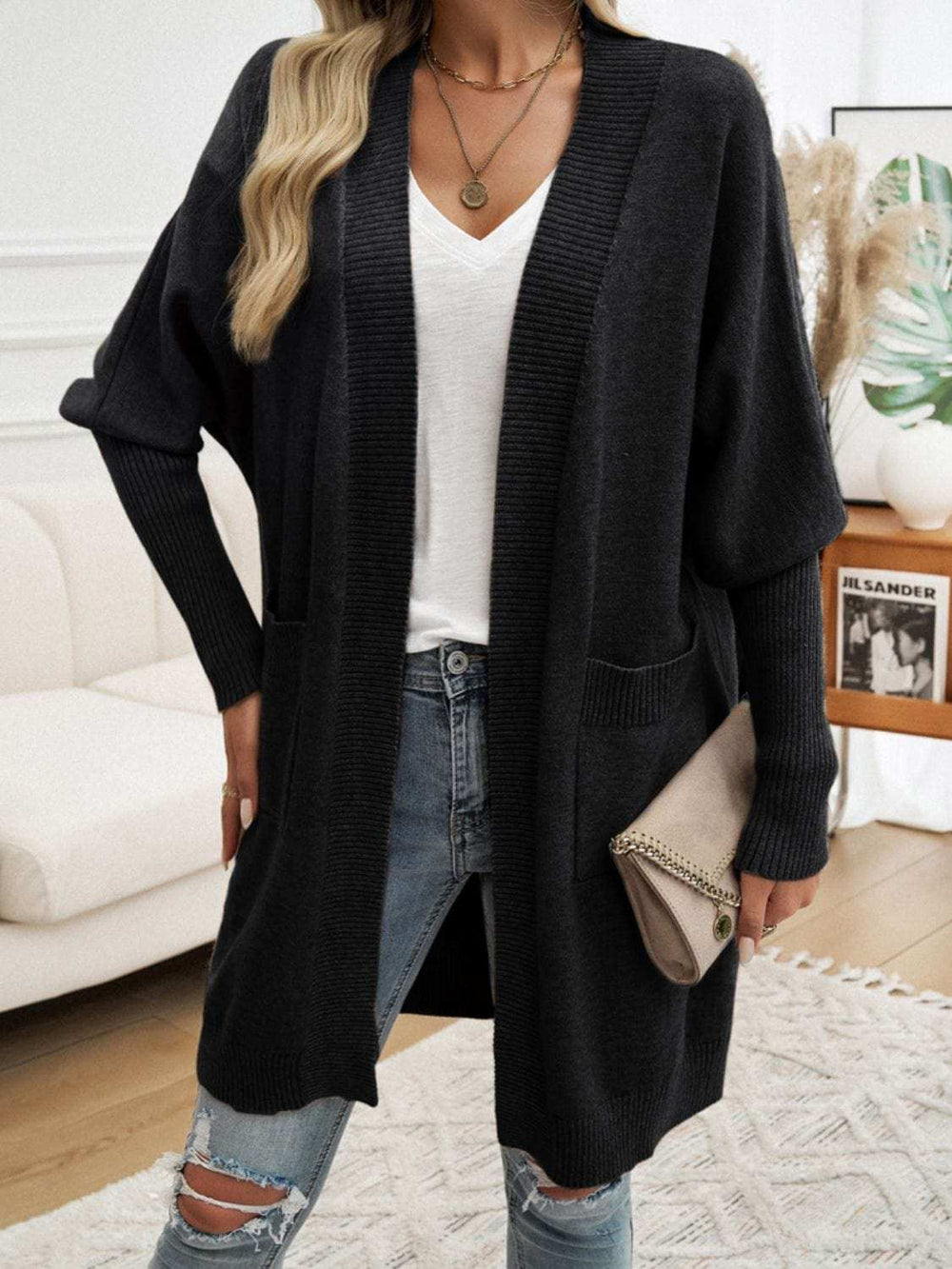 Devine Open Front Long Sleeve Cardigan - Trendsi - Flyclothing LLC