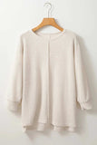 Waffle-Knit Slit Round Neck Long Sleeve Top - Trendsi - Flyclothing LLC