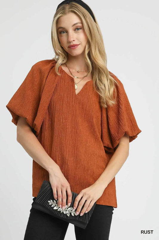 Umgee Textured Flutter Sleeve Notch Neck Top - Trendsi - Flyclothing LLC