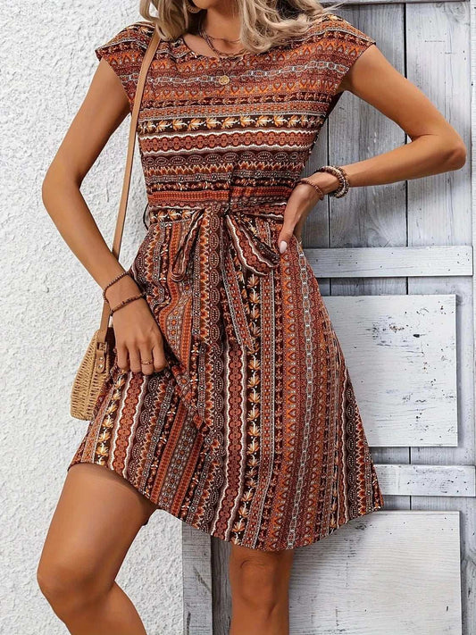 Printed Round Neck Cap Sleeve Dress - Trendsi - Flyclothing LLC