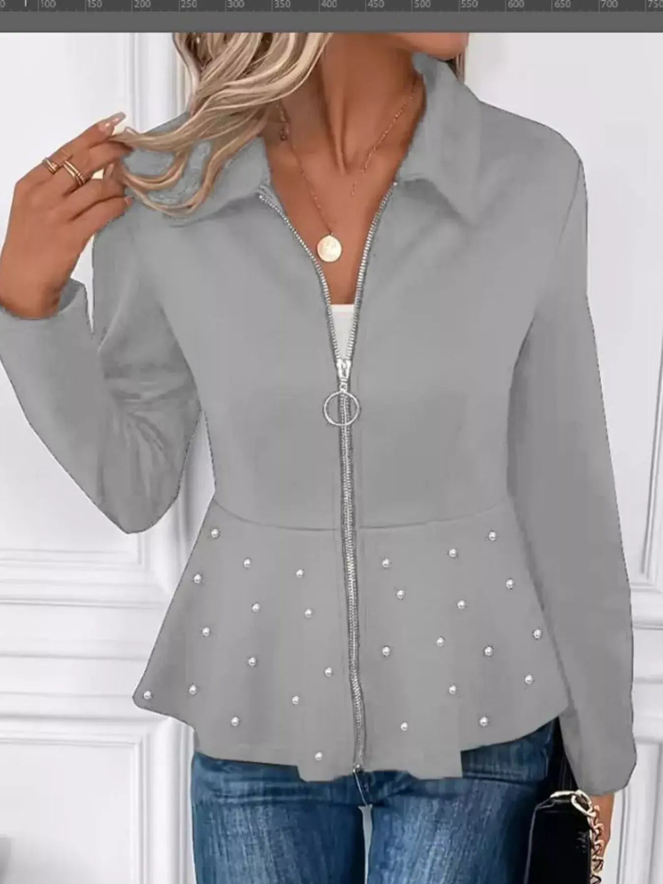 Pearl Embellished Zip-Up Peplum Outerwear - Trendsi - Flyclothing LLC