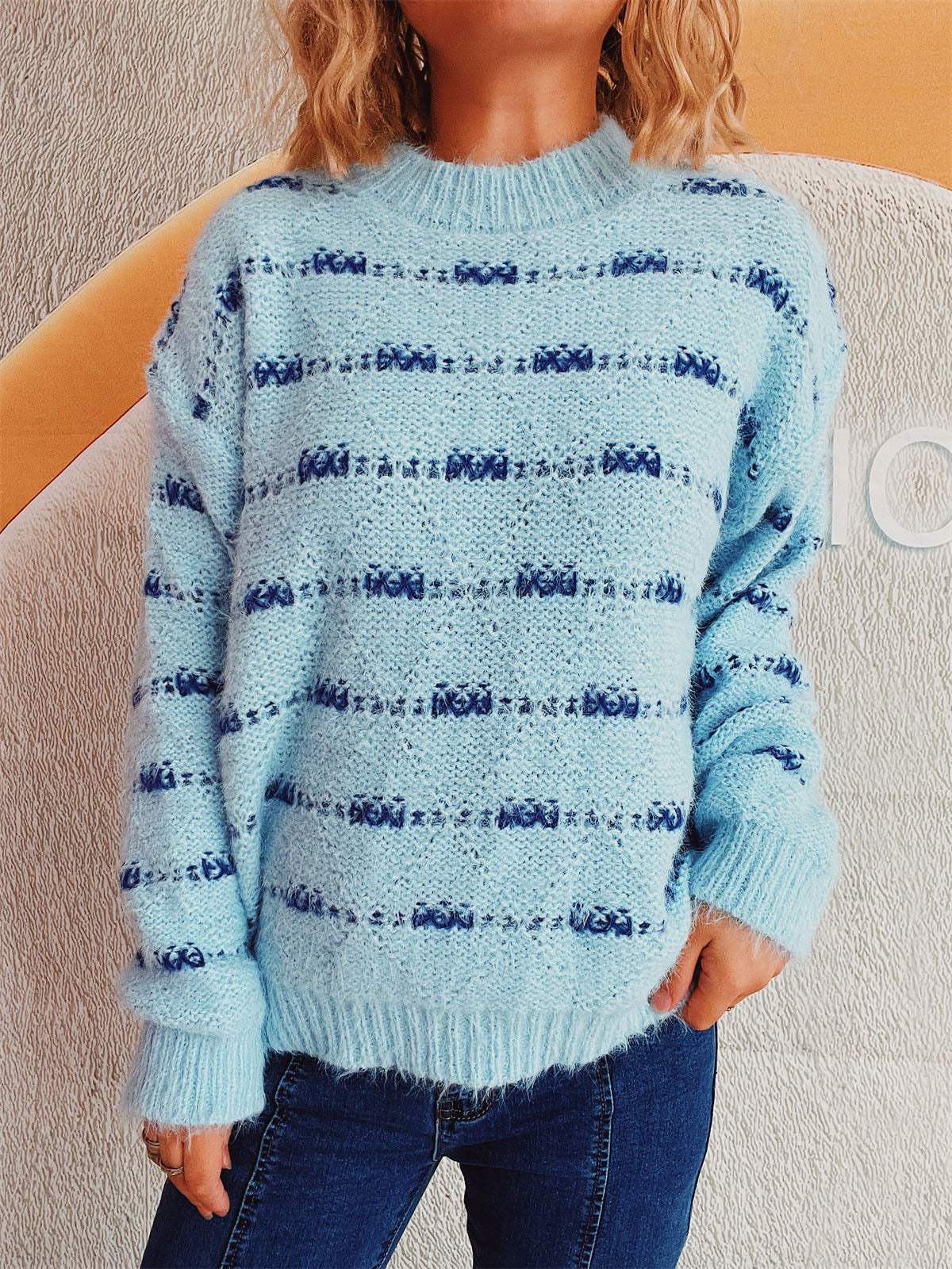 Striped Round Neck Long Sleeve Sweater - Trendsi - Flyclothing LLC