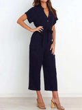 Notched Short Sleeve Tie Waist Jumpsuit - Trendsi - Flyclothing LLC