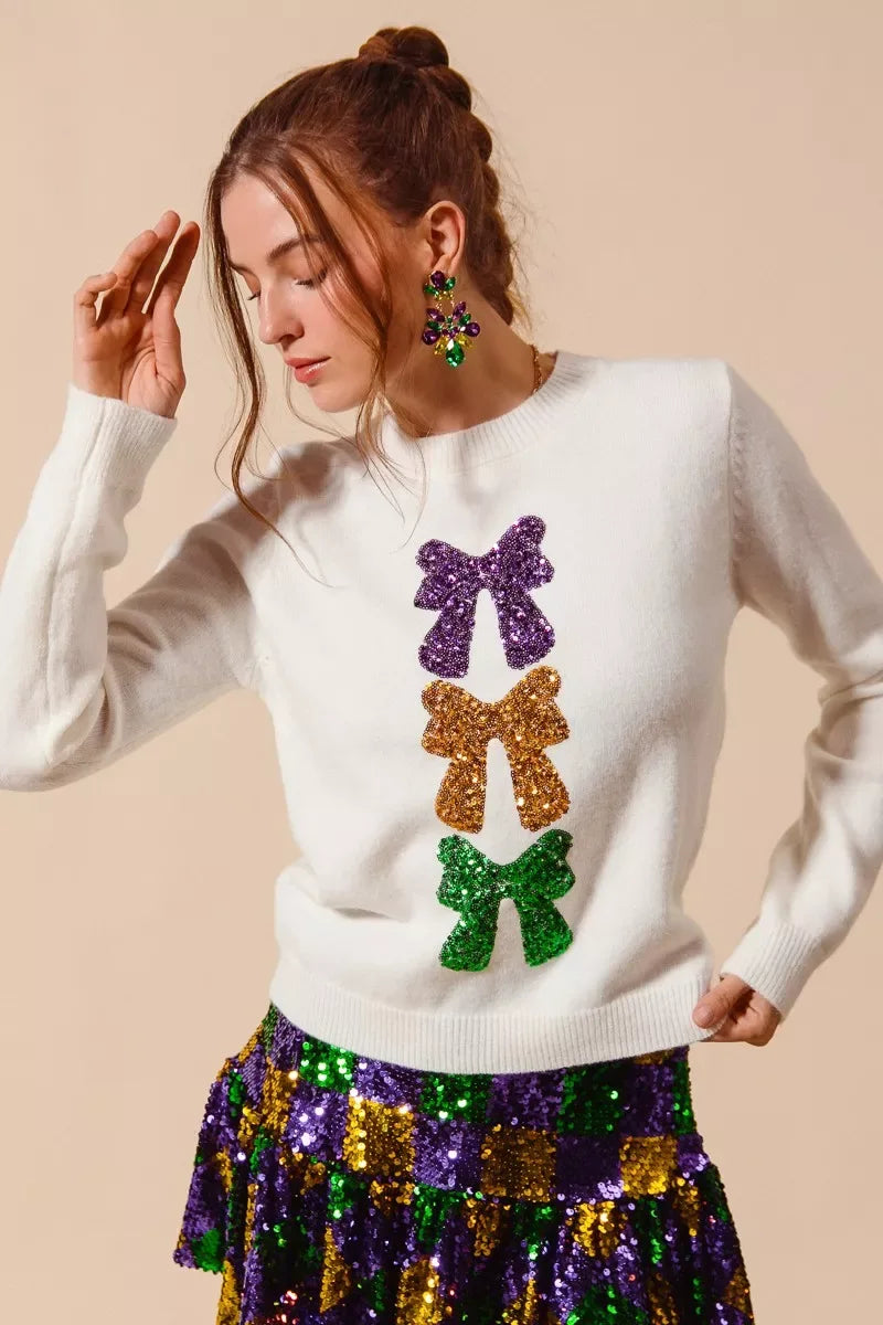 SO ME Mardi Gras Sequins Bow Ribbon Embellished Sweater - Trendsi - Flyclothing LLC
