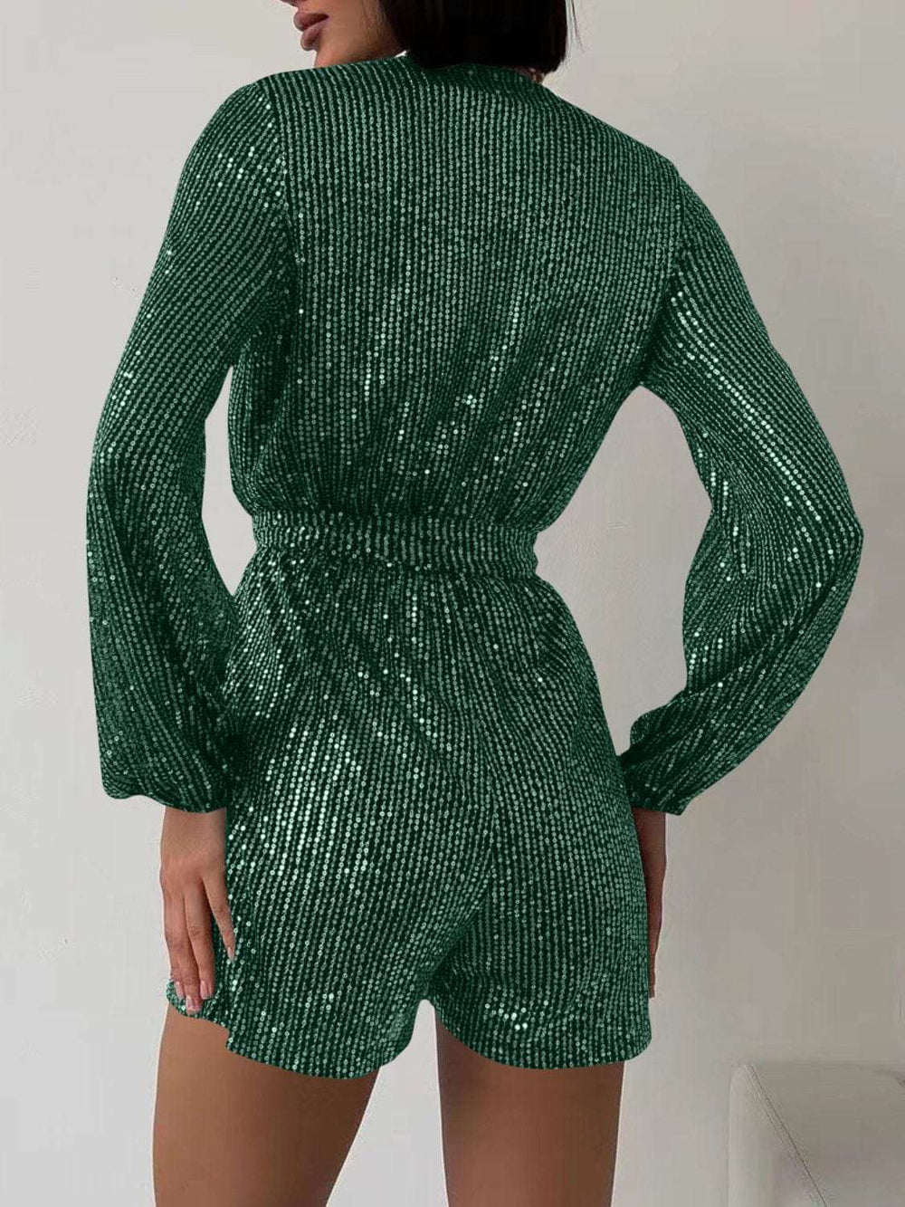 Full Size Sequin Surplice Tie Waist Long Sleeve Romper - Trendsi - Flyclothing LLC