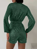 Full Size Sequin Surplice Tie Waist Long Sleeve Romper - Trendsi - Flyclothing LLC