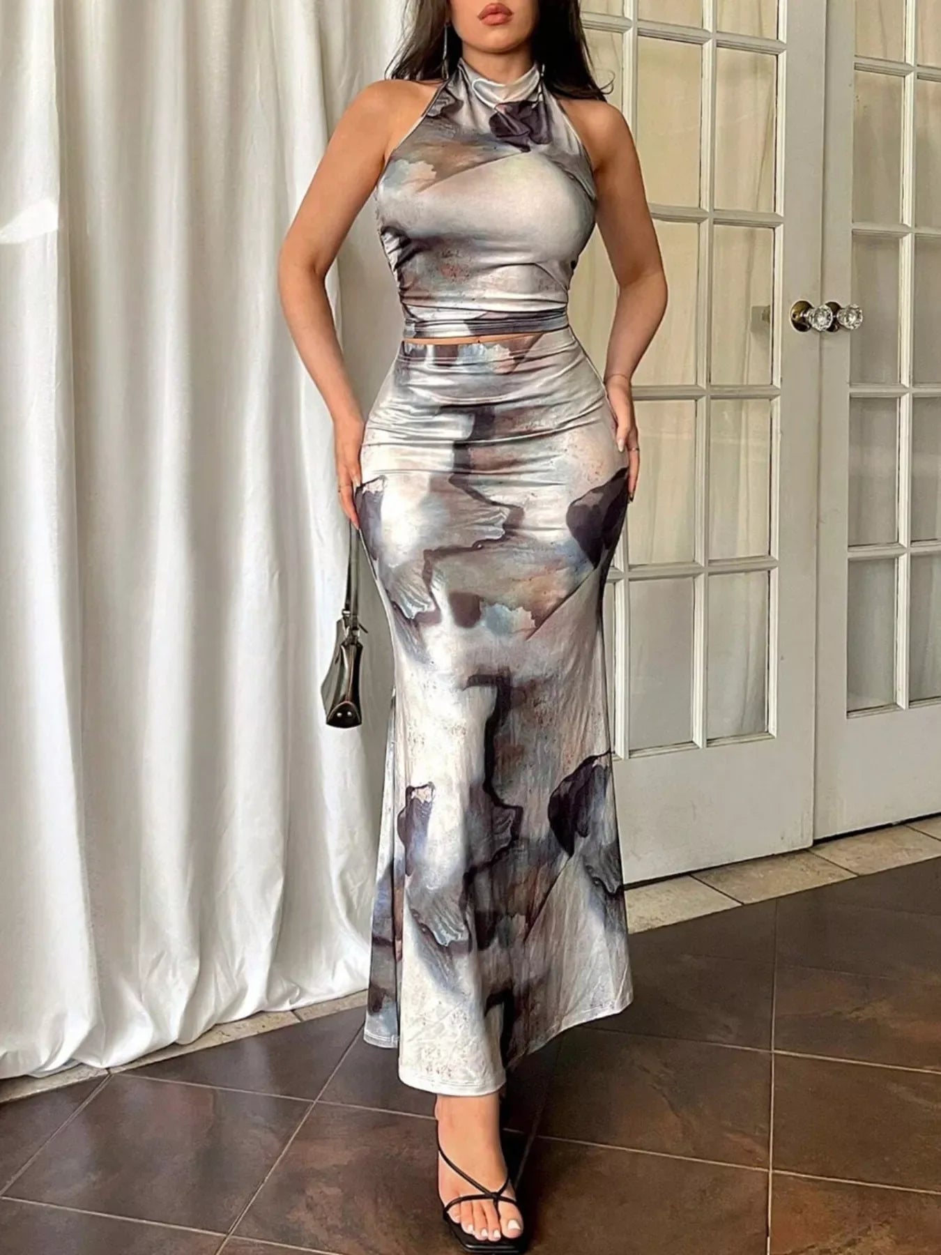 Tie-Dye Halter Top and Mermaid Skirt Set - Trendsi - Flyclothing LLC