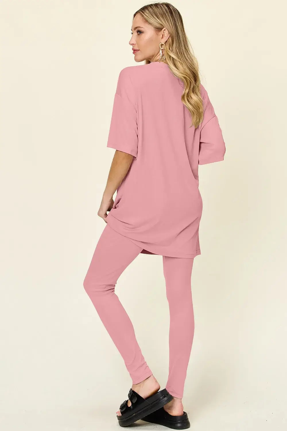 Double Take Full Size Round Neck Dropped Shoulder T-Shirt and Leggings Set - Trendsi - Flyclothing LLC