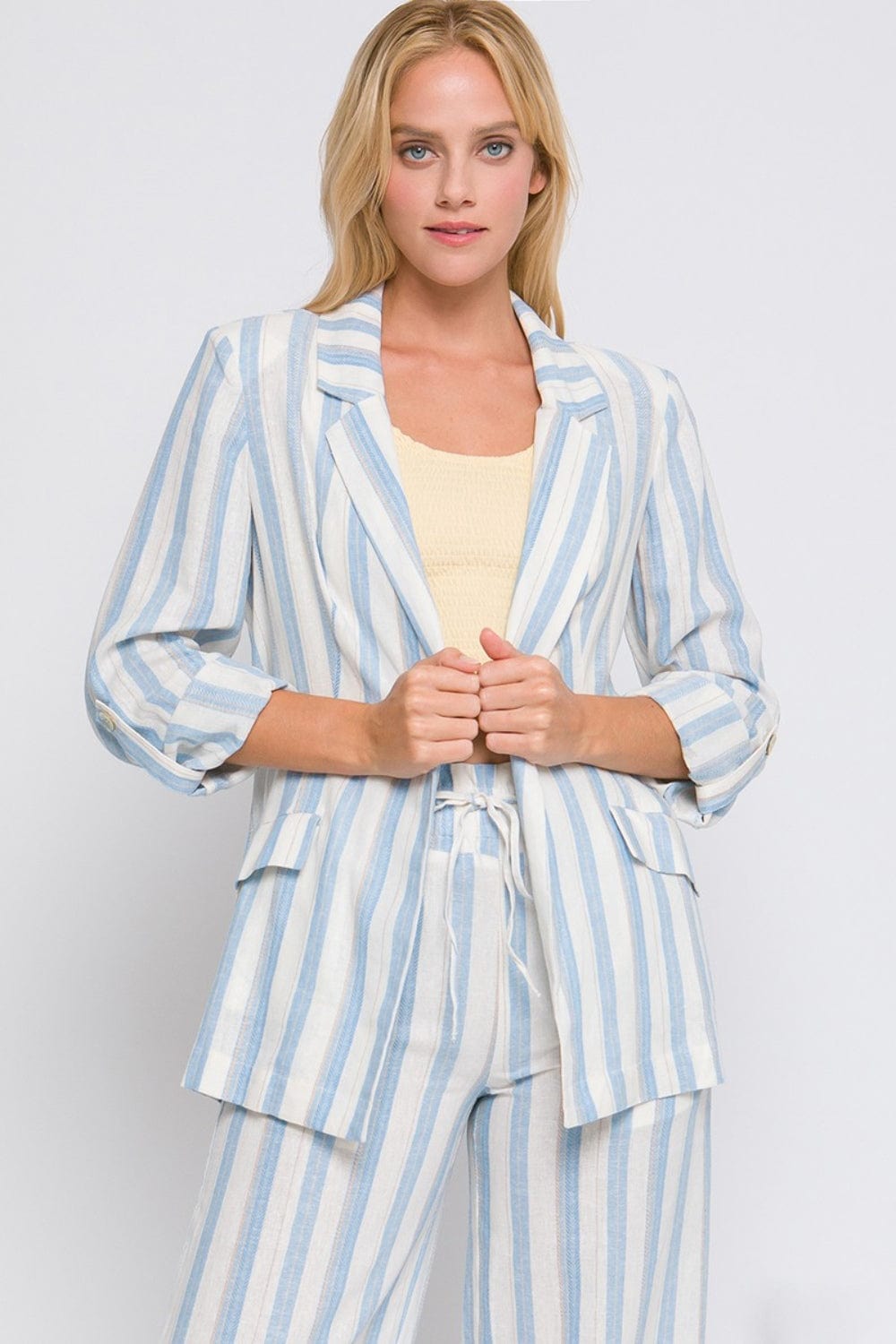 Love Tree Linen Woven Striped Blazer - Trendsi