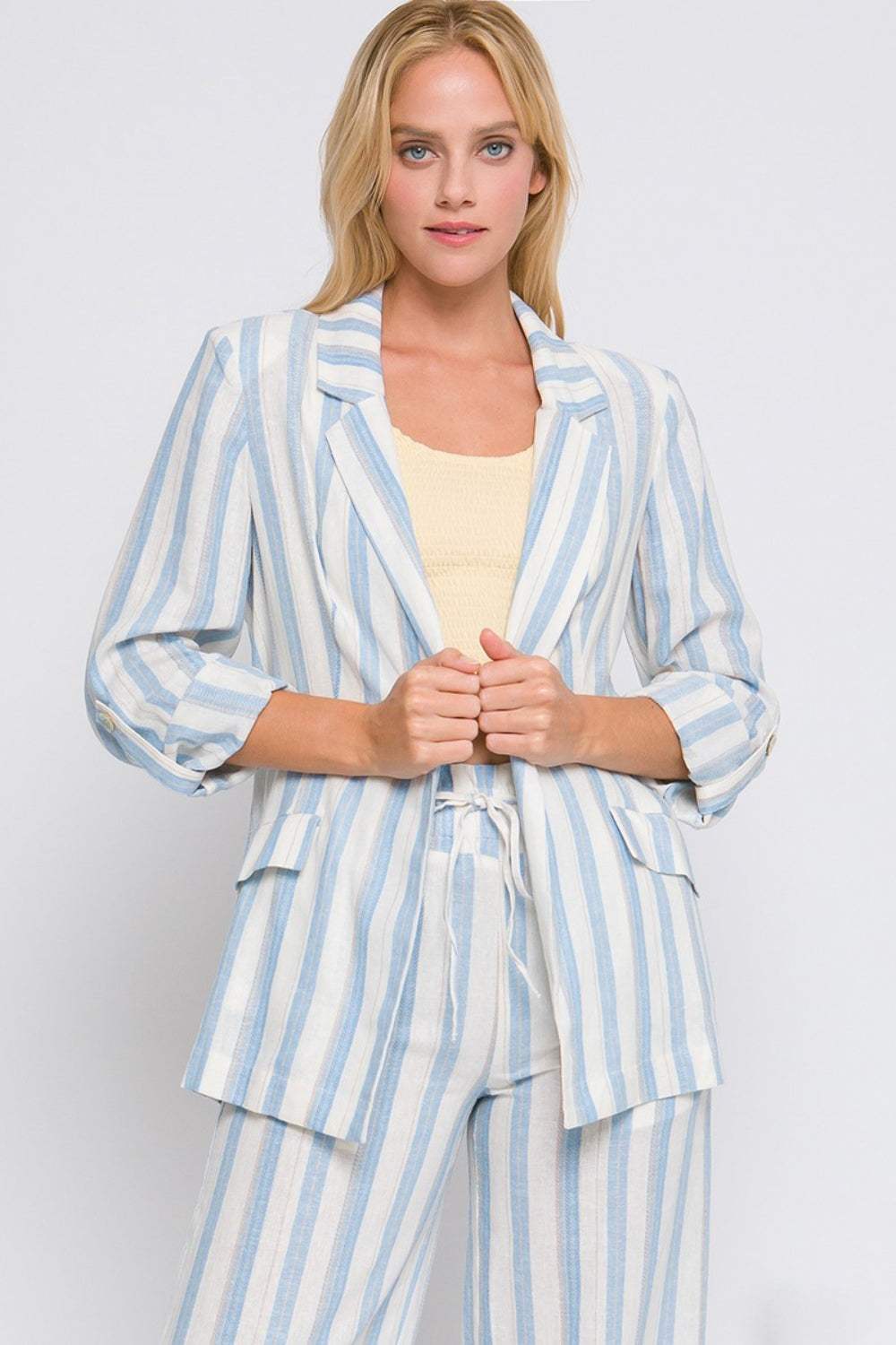 Love Tree Linen Woven Striped Blazer - Trendsi - Flyclothing LLC