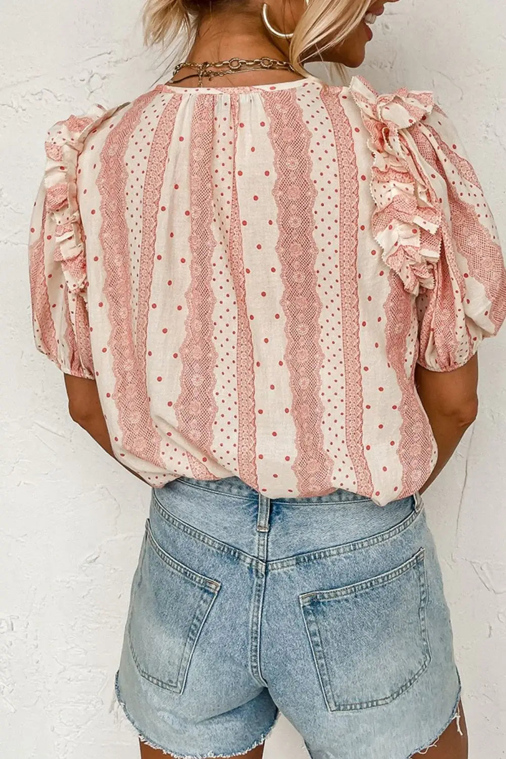 Frilled Short Puff Sleeve Mixed Print Blouse - Trendsi - Flyclothing LLC