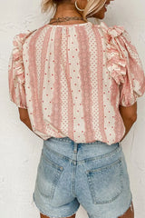 Frilled Short Puff Sleeve Mixed Print Blouse - Trendsi - Flyclothing LLC