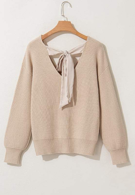 Tied Back V-Neck Long Sleeve Sweater - Trendsi - Flyclothing LLC