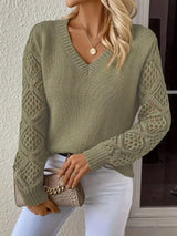 V-Neck Crochet Sleeve Sweater - Trendsi - Flyclothing LLC