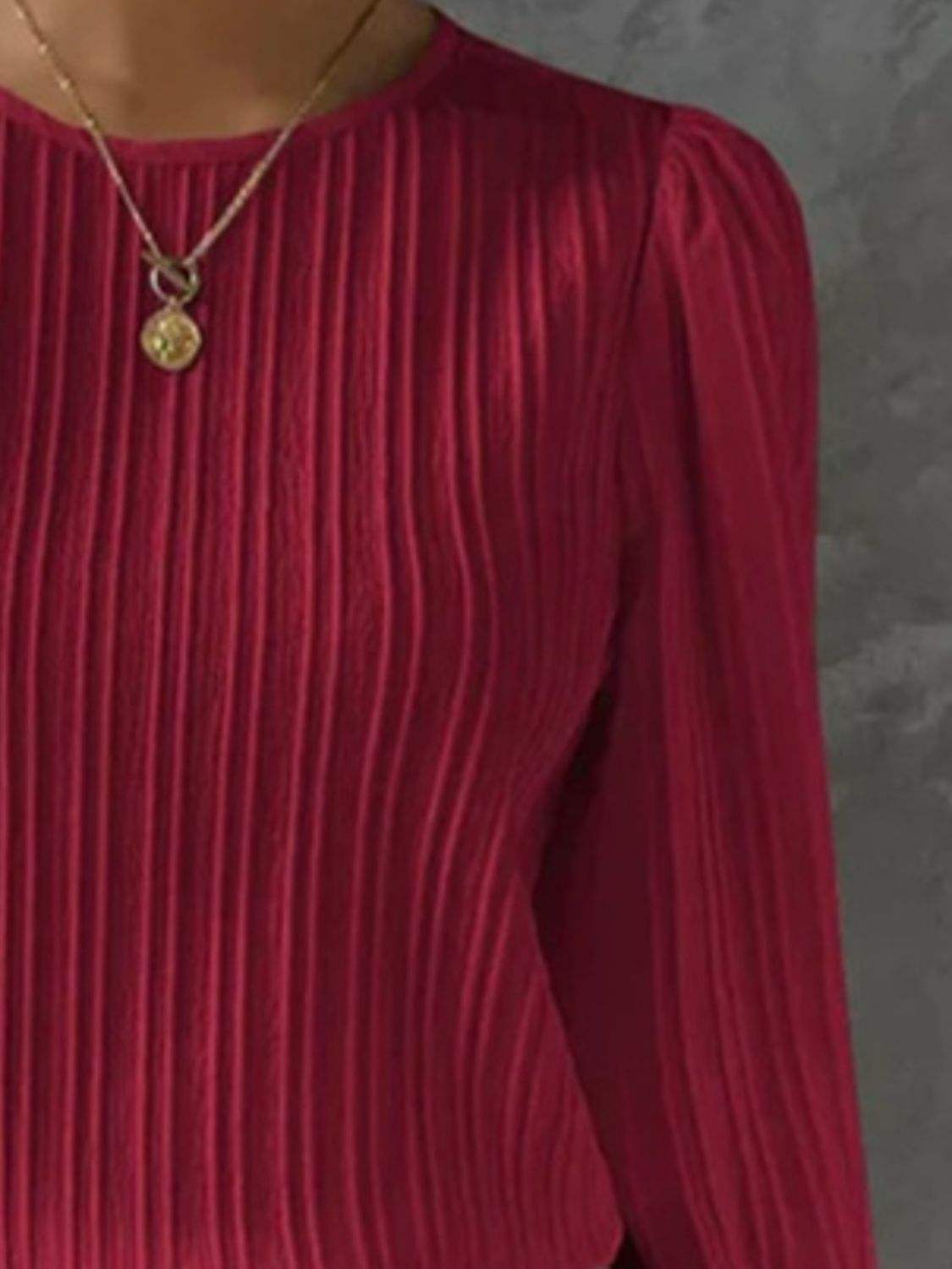 Round Neck Long Sleeve Blouse - Trendsi - Flyclothing LLC