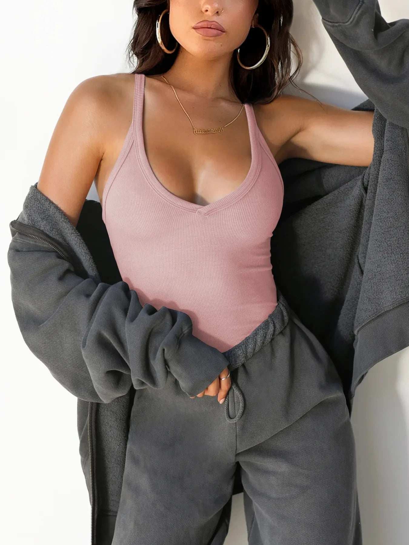 Ribbed V-Neck Halter Tank Top - Trendsi - Flyclothing LLC