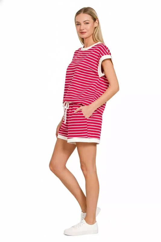 Zenana Stripe Contrast Trim Top & Shorts Set - Trendsi - Flyclothing LLC