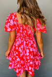 Floral Puff Sleeve Sweetheart Neck Ruffled Mini Dress - Trendsi