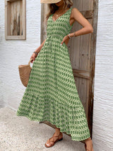 Printed V-Neck Tie Waist Midi Dress - Trendsi - Flyclothing LLC