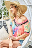 BiBi Rainbow Tie-Dye Leopard Trim V-Neck T-Shirt - Trendsi - Flyclothing LLC