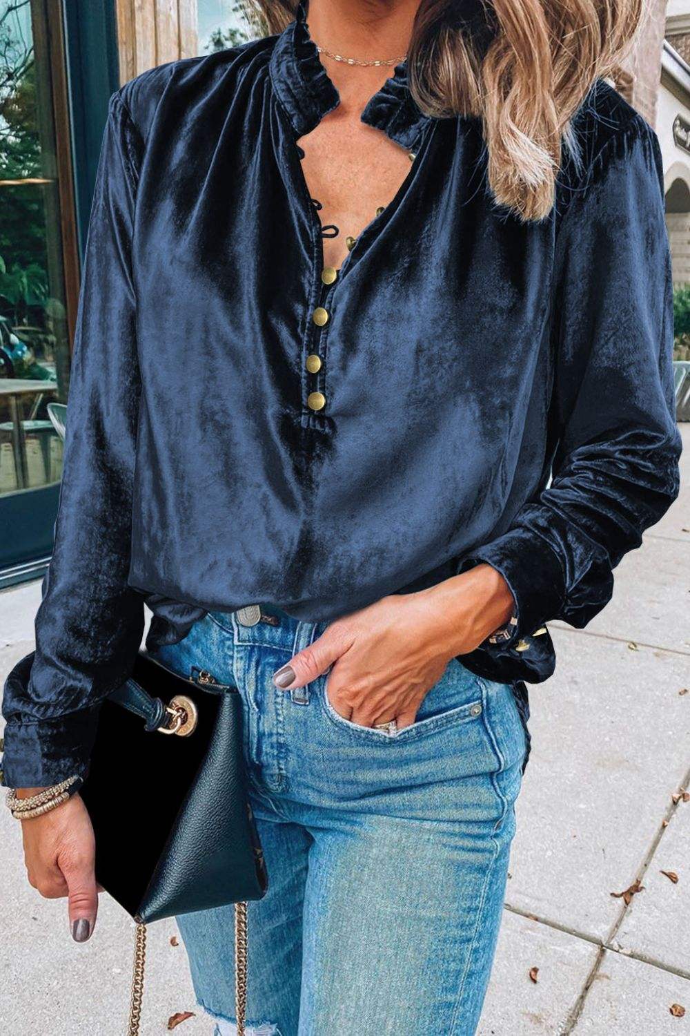 Frill Half Button Mock Neck Long Sleeve Blouse - Trendsi - Flyclothing LLC