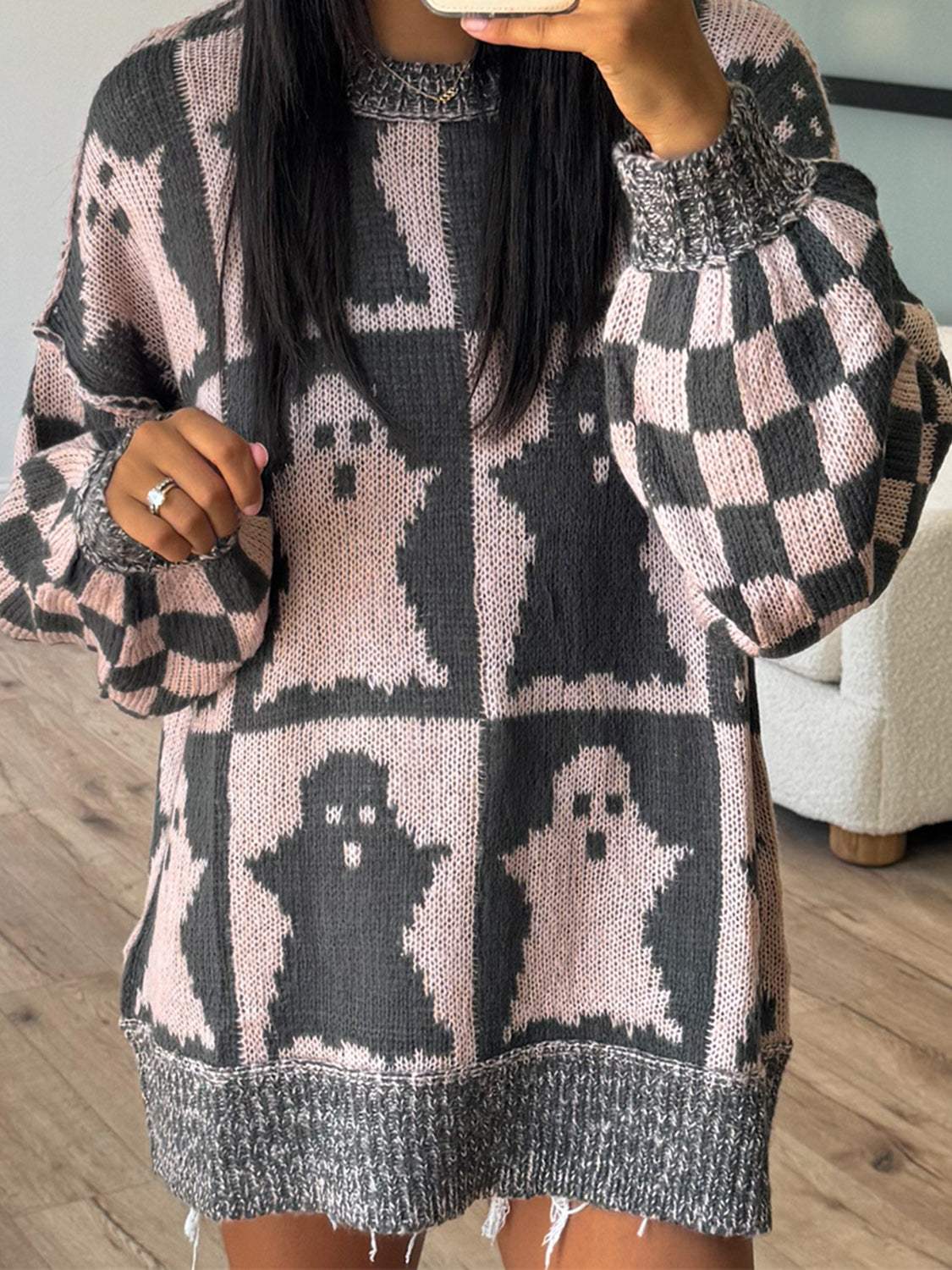 Ghost Dropped Shoulder Long Sleeve Sweater - Trendsi - Flyclothing LLC