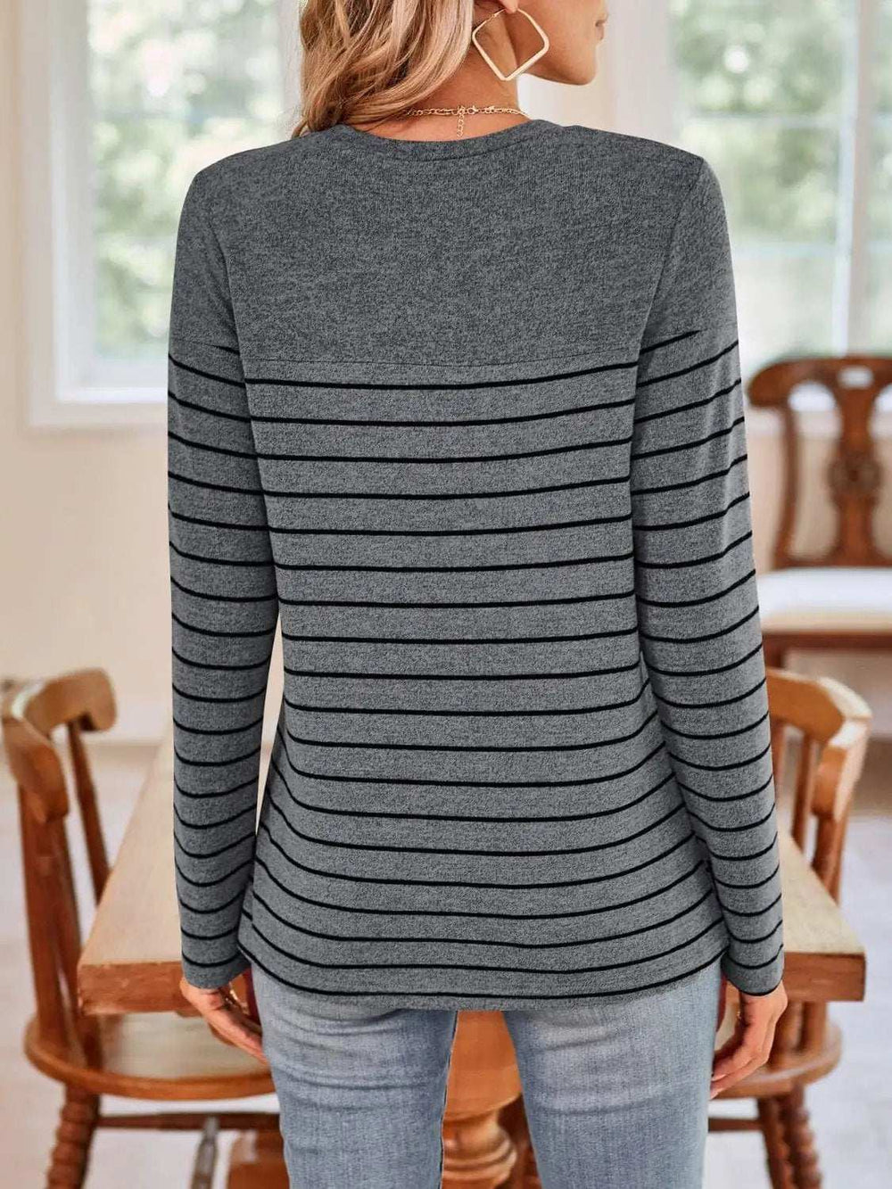 Lovelet Quarter Button Striped Round Neck Long Sleeve T-Shirt - Trendsi - Flyclothing LLC
