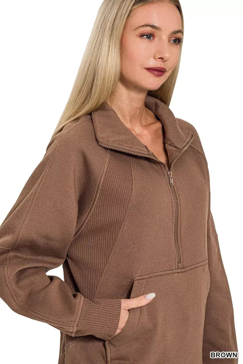 Zenana Half Zip Fleece Sweatshirt with kangaroo Pocket - Trendsi - Flyclothing LLC