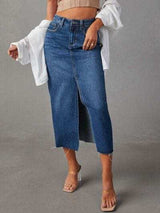 Raw Hem Front Slit Denim Midi Skirt - Trendsi - Flyclothing LLC