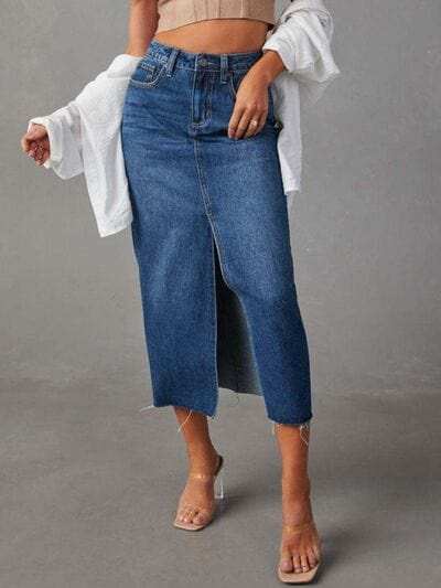 Raw Hem Front Slit Denim Midi Skirt - Trendsi - Flyclothing LLC
