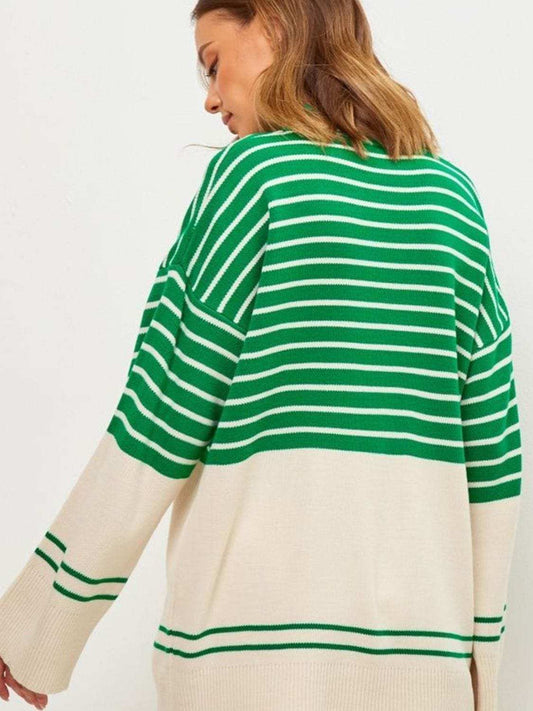 Striped Mock Neck Long Sleeve Sweater - Trendsi - Flyclothing LLC
