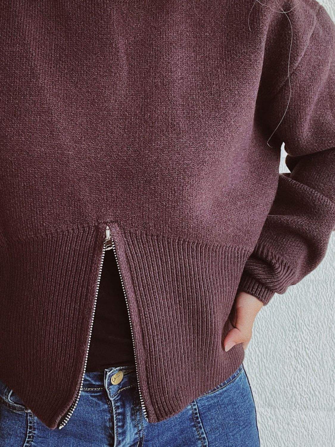 Round Neck Half Zip Long Sleeve Sweater - Trendsi - Flyclothing LLC