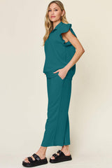 Double Take Texture Ruffle Short Sleeve Top and Drawstring Wide Leg Pants Set - Trendsi - Flyclothing LLC