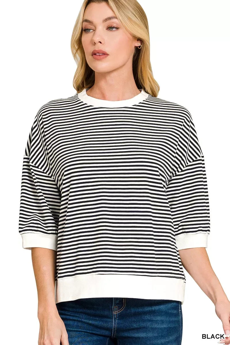 Zenana Striped Contrast Trim Banded Bottom Top - Trendsi - Flyclothing LLC