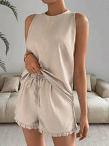 Lace Detail Round Neck Tank and Shorts Set - Trendsi - Flyclothing LLC