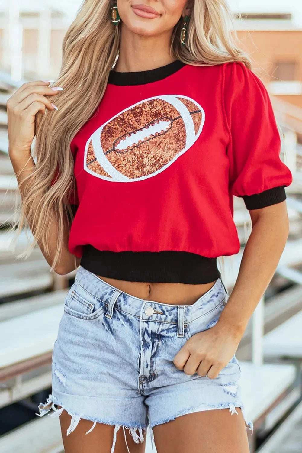Sequin Football Round Neck Short Sleeve Top - Trendsi - Flyclothing LLC