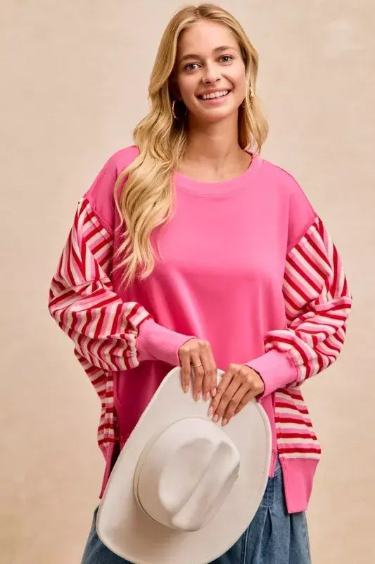 BiBi French Terry Stripe Combo Sweatshirt with Open Seam - Trendsi - Flyclothing LLC